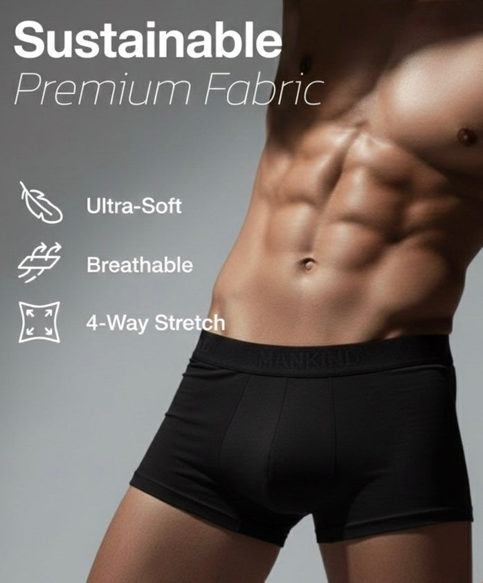 Man wearing black underwear with text highlighting sustainable premium fabric features on a gray background